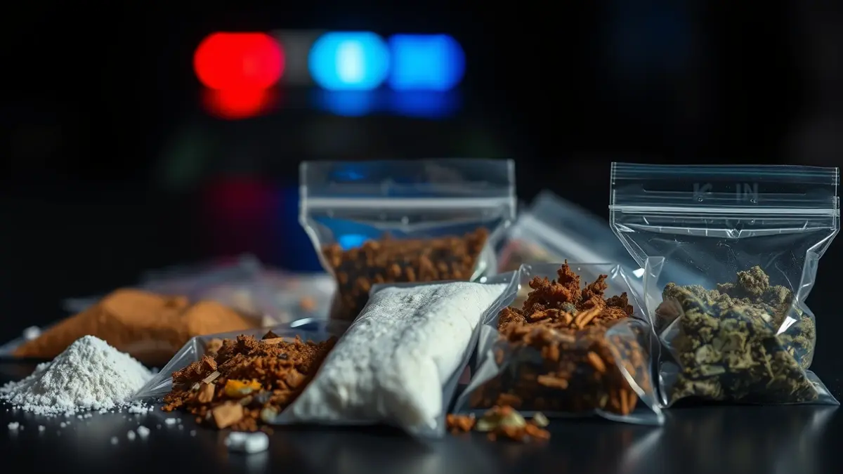 Imagen genérica de drogas incautadas, con diferentes sustancias en pequeñas bolsas.