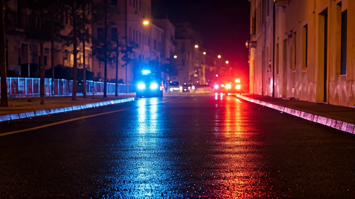 Generic image of emergency lights reflecting on wet asphalt.