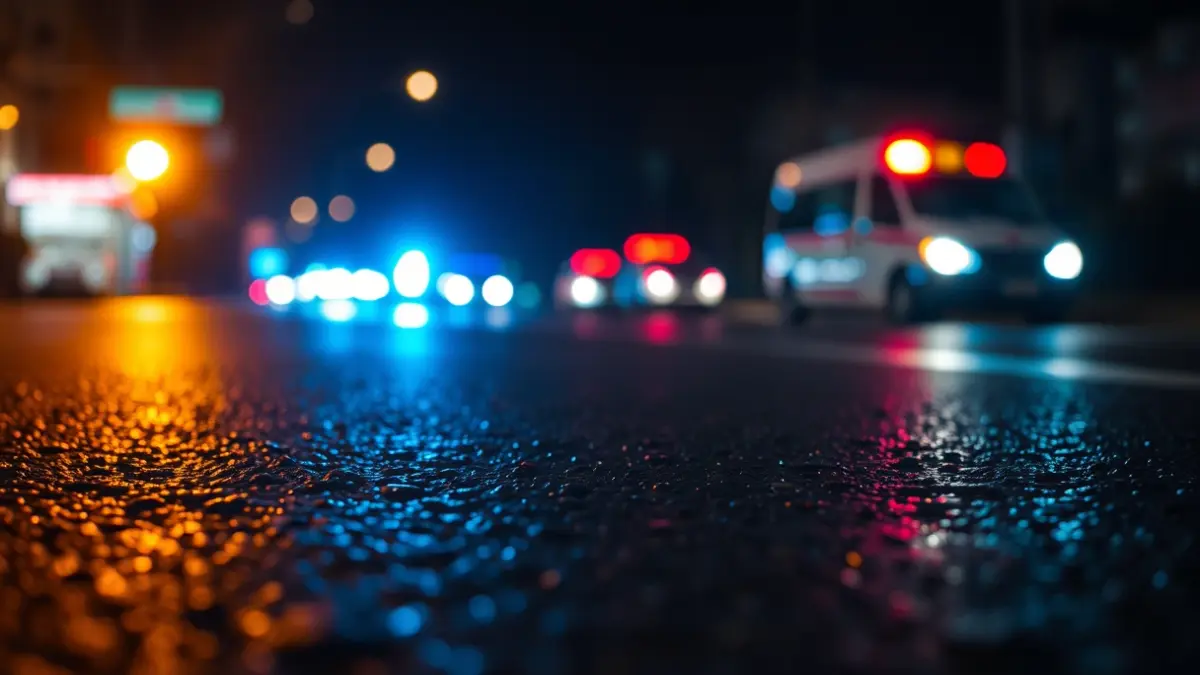 Generic image of emergency lights reflected on wet asphalt.