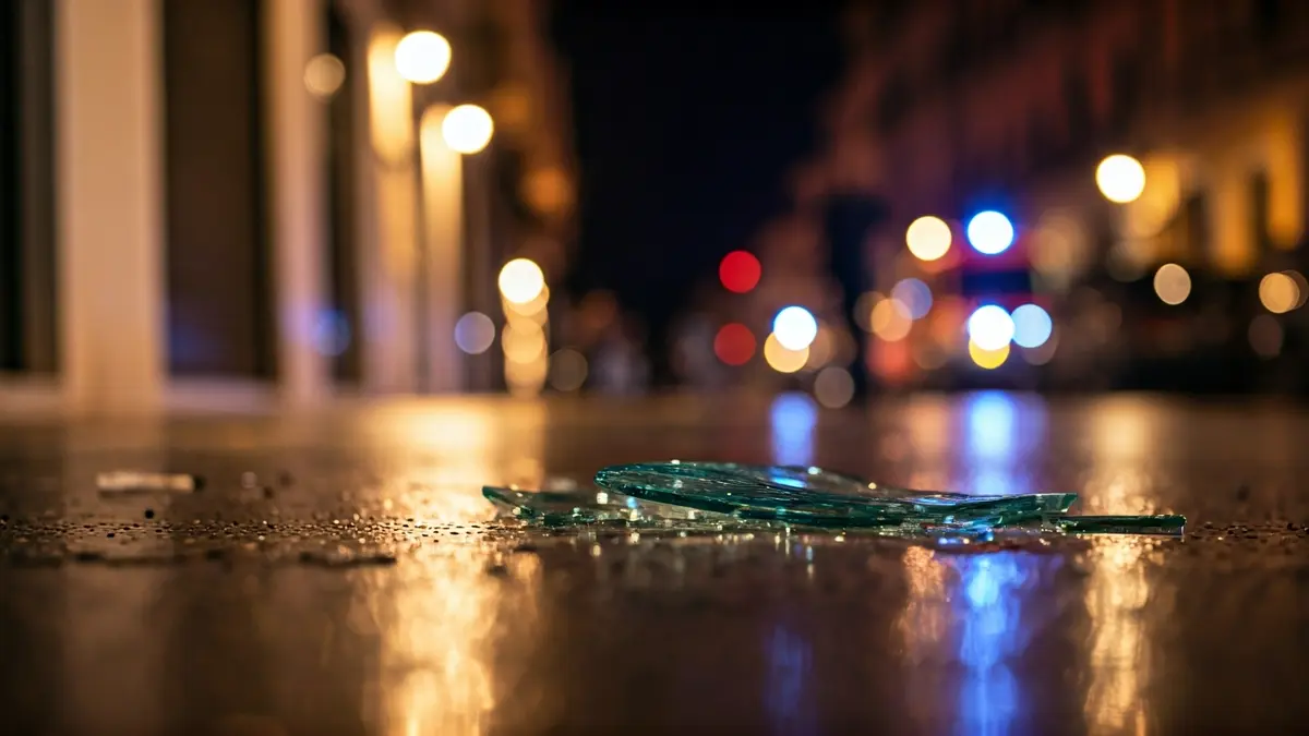Cristales rotos en el suelo frente a un comercio, con luces de emergencia borrosas al fondo.