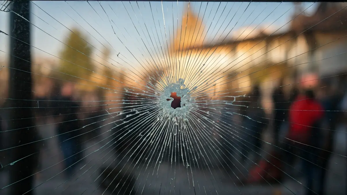 Cristal roto en la puerta de un portal de edificio residencial.