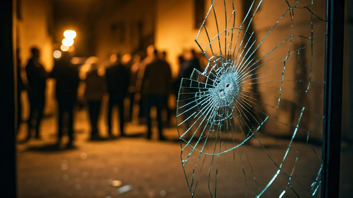 Cristal de puerta roto en la entrada de un edificio residencial, indicando un robo.