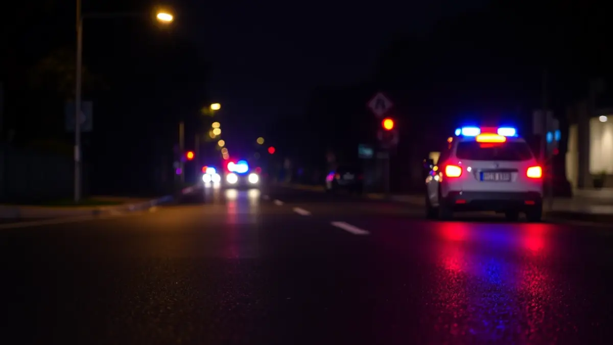 Generic image of police emergency lights reflected on wet asphalt.