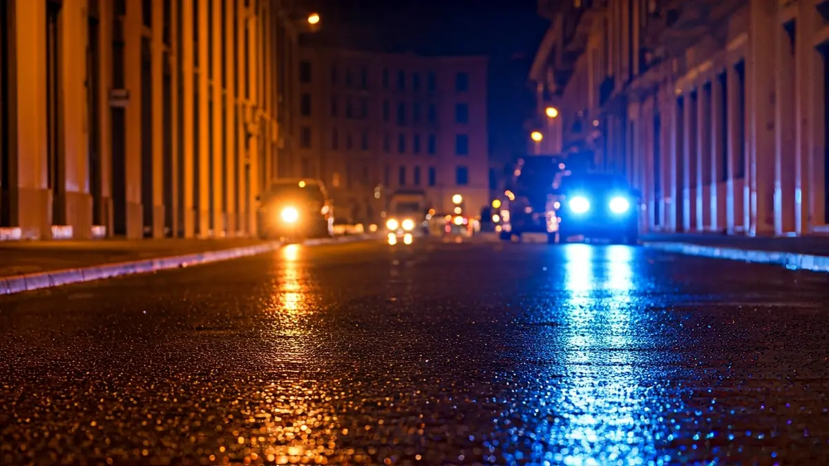 Imagen genérica de luces de emergencia policiales reflejadas en el asfalto mojado.