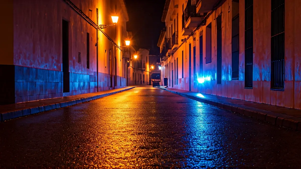 Generic image of police emergency lights reflecting on wet asphalt in an Andalusian street.