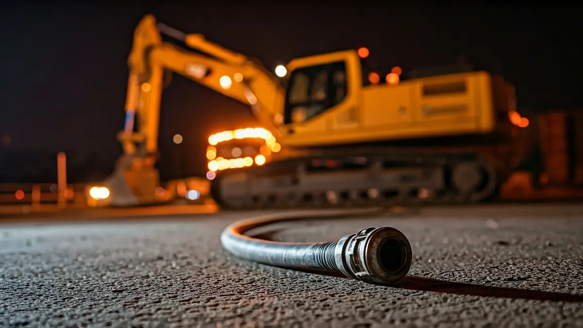Imagen de una manguera de combustible conectada a una garrafa en el suelo, con una retroexcavadora borrosa al fondo bajo una luz tenue.