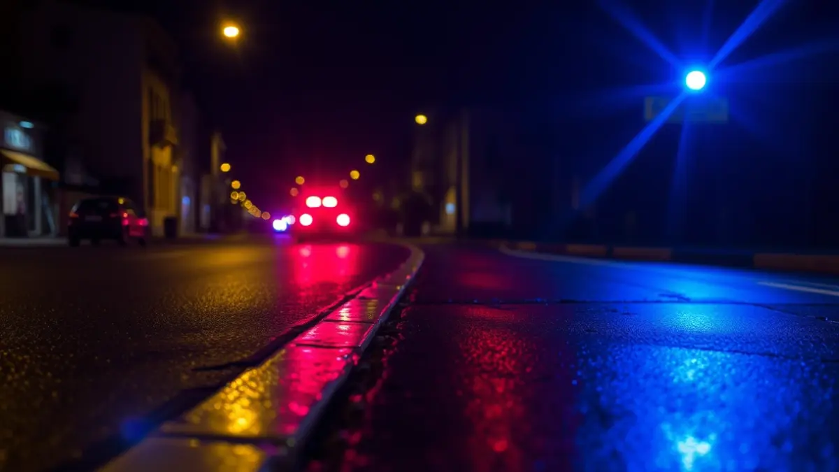 Generic image of police emergency lights reflected on wet asphalt.
