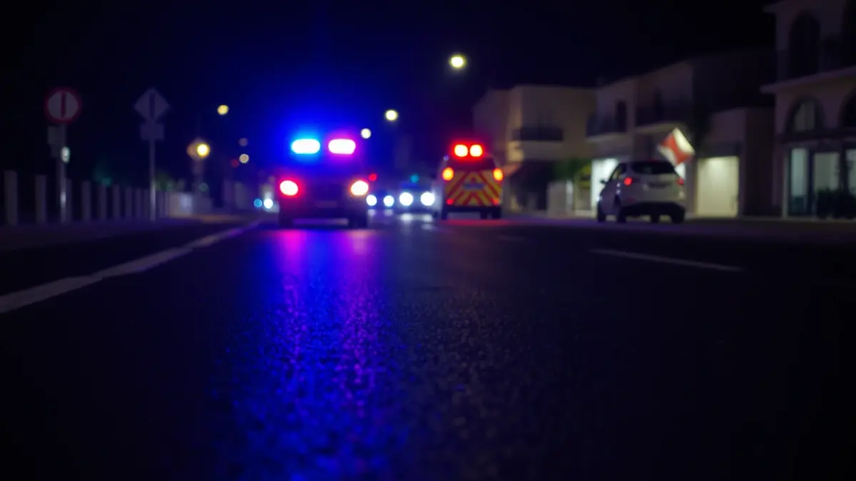 Imagen genérica de luces de emergencia policiales reflejadas en el asfalto mojado de noche.