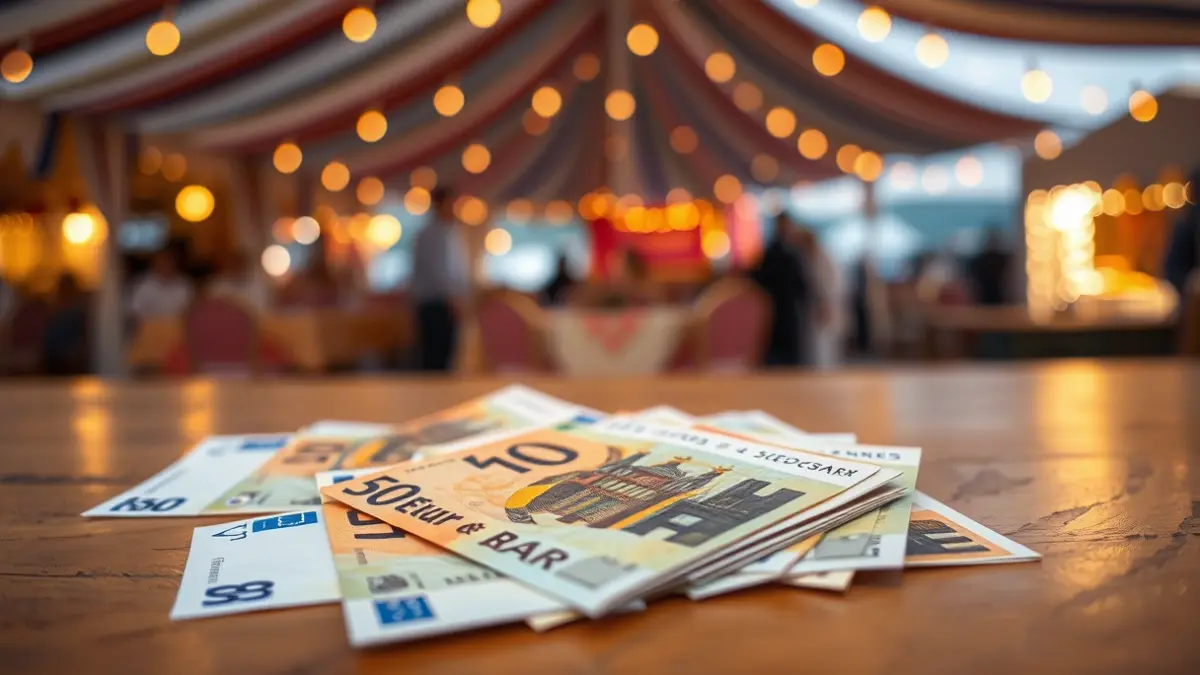 50-euro banknotes on a table with a blurred fair tent in the background.