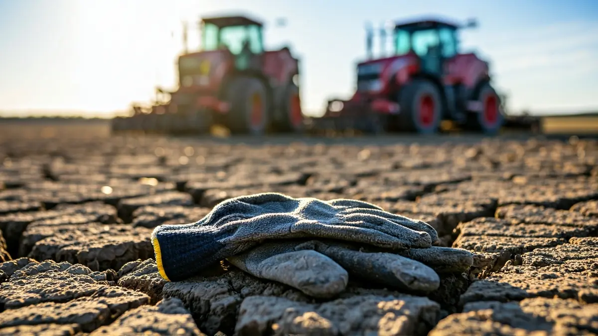 Guantes de trabajo gastados en tierra seca, simbolizando la explotación laboral en el campo.