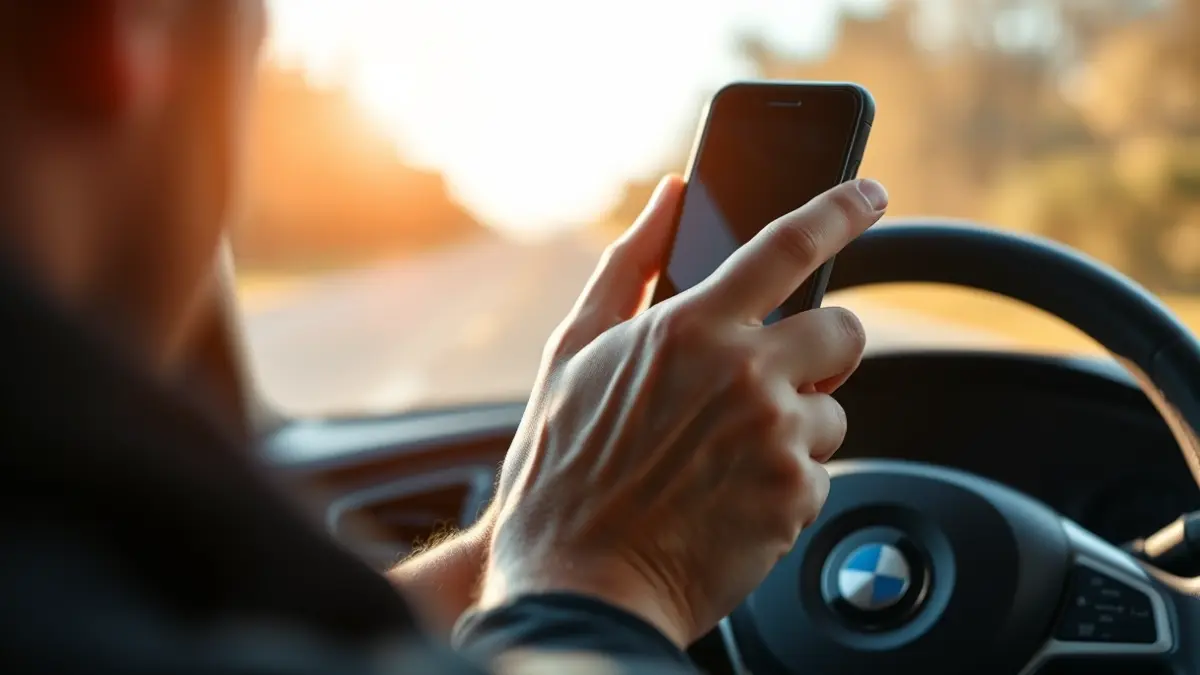 Imagen genérica de una persona usando el teléfono móvil mientras conduce, con el volante y la carretera desenfocados al fondo.