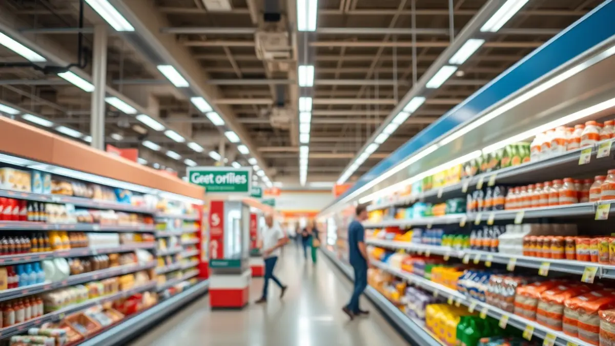 Imagen genérica de un supermercado moderno con pasillos amplios y estanterías llenas.