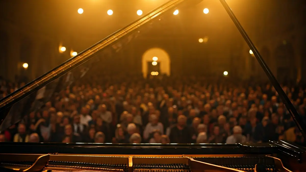 Imagen genérica de un piano de cola en un escenario iluminado, con un público difuminado al fondo.