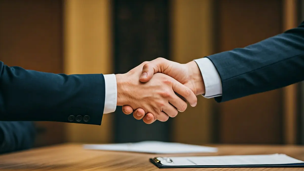 Generic image of two hands shaking over a desk, symbolizing an agreement or leadership transition.