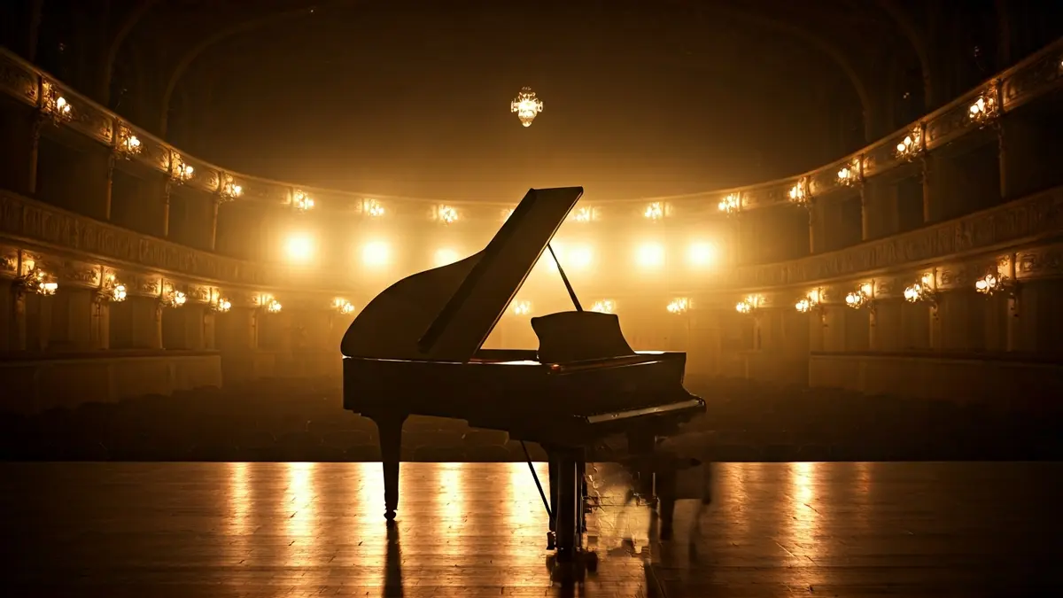 Un piano de cola en un escenario iluminado, con músicos difuminados al fondo, en un teatro clásico.