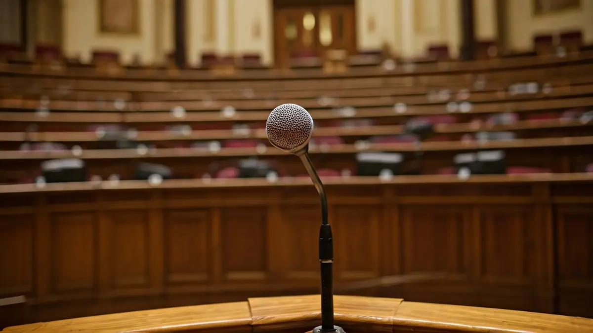 Imagen genérica de un micrófono en un podio en una sala de plenos municipal.