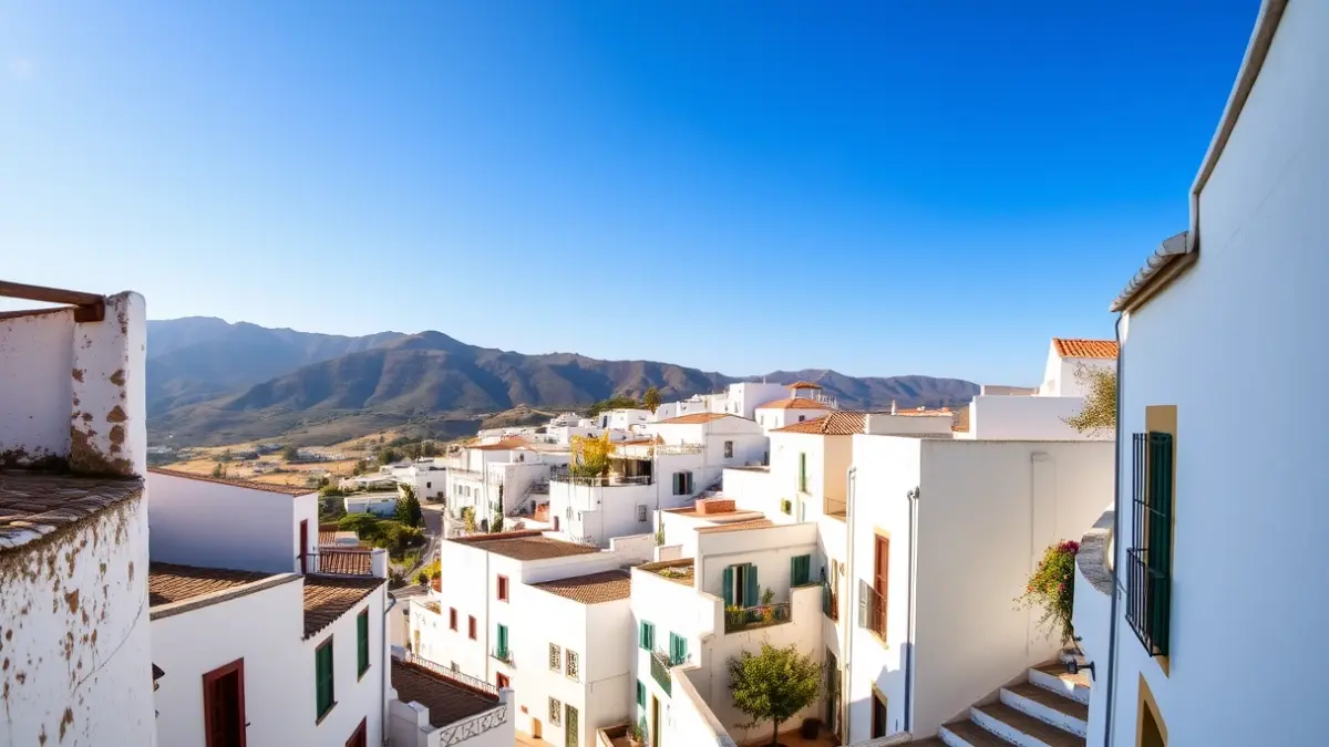 Imagen de un pueblo blanco en la Sierra de Cádiz, con casas encaladas y calles estrechas.