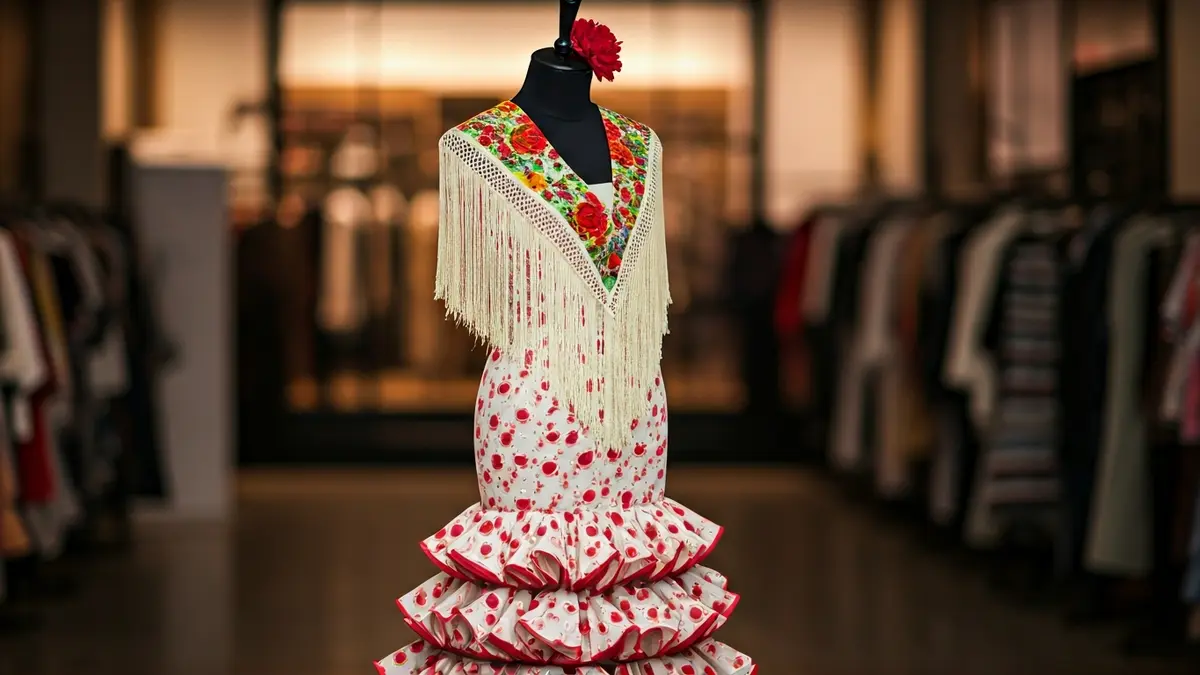 Innovative flamenco dress made from duvet covers and curtains, displayed on a mannequin.