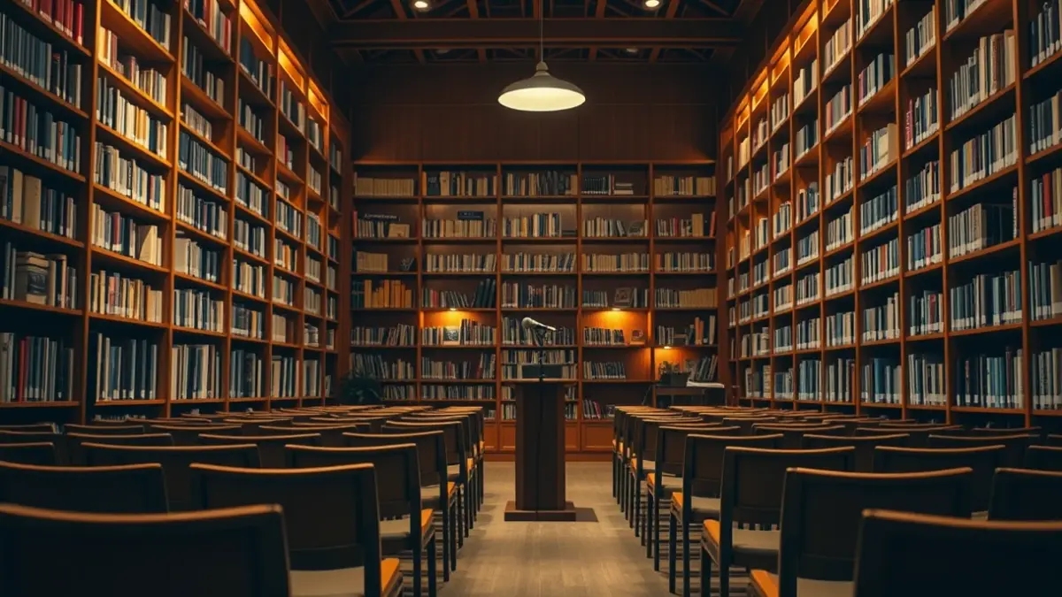 Imagen genérica de una sala de presentación de un documental o libro, con un micrófono y sillas vacías.