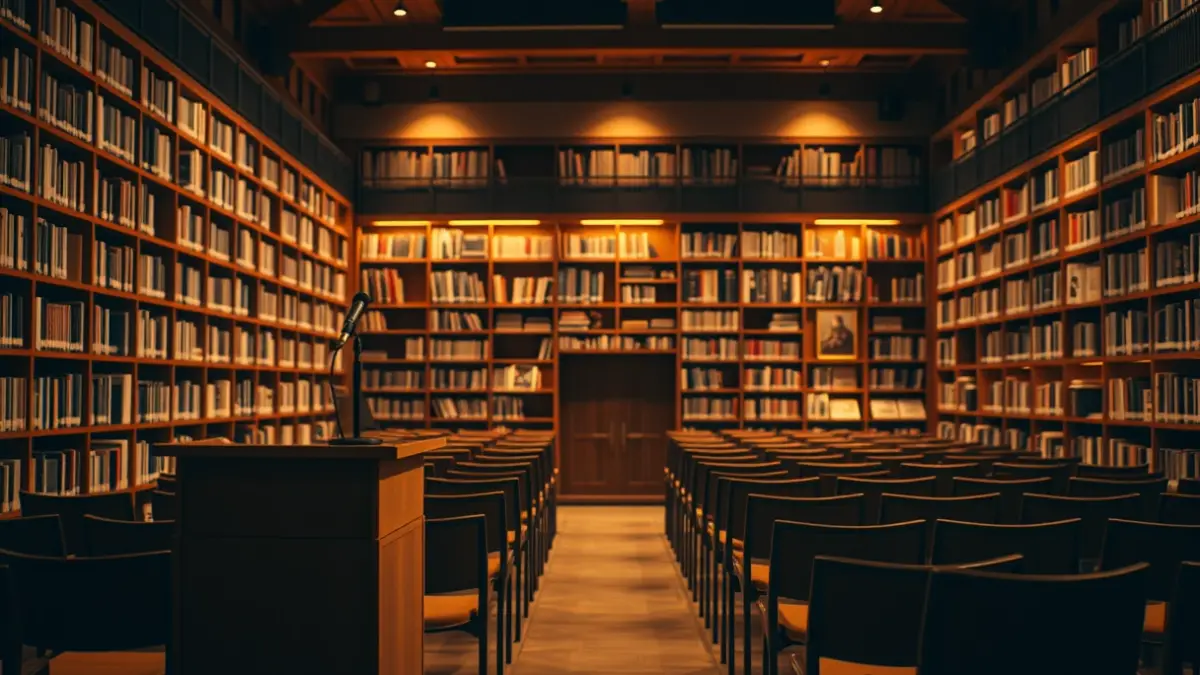 Imagen genérica de una sala de proyección o conferencia con un ambiente cálido y acogedor.
