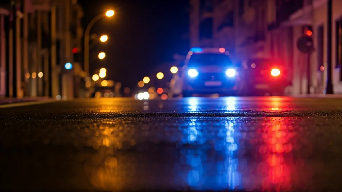 Generic image of emergency lights reflecting on wet asphalt at night.