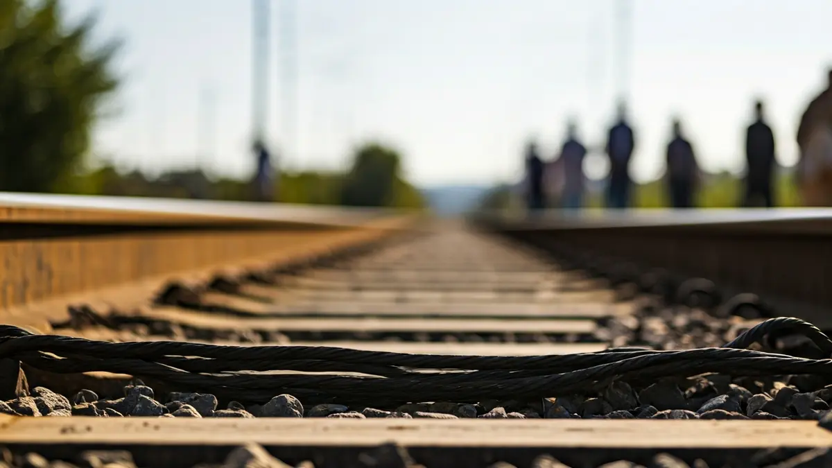 Imagen de vías de tren con cableado, representando el robo de material en la línea de alta velocidad.