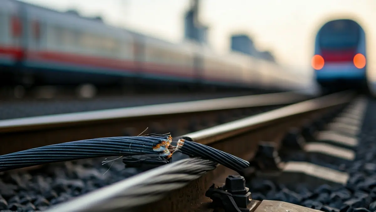 Cable de alta velocidad cortado junto a las vías del tren