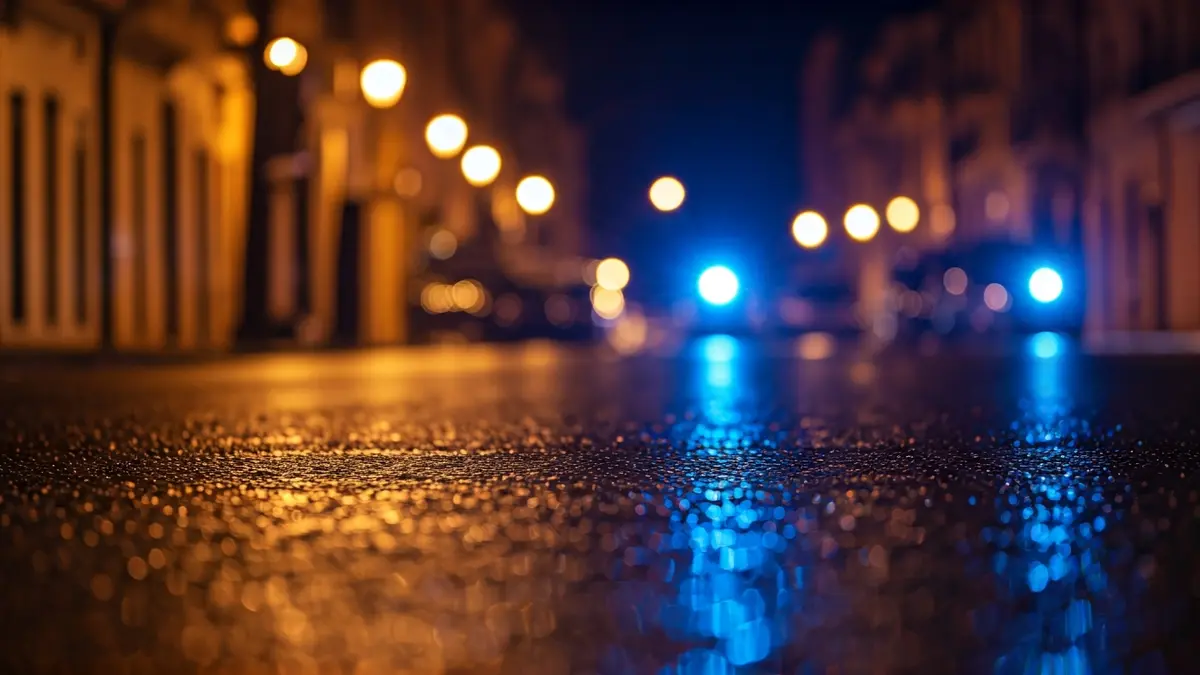 Generic image of police emergency lights reflected on wet asphalt at night.