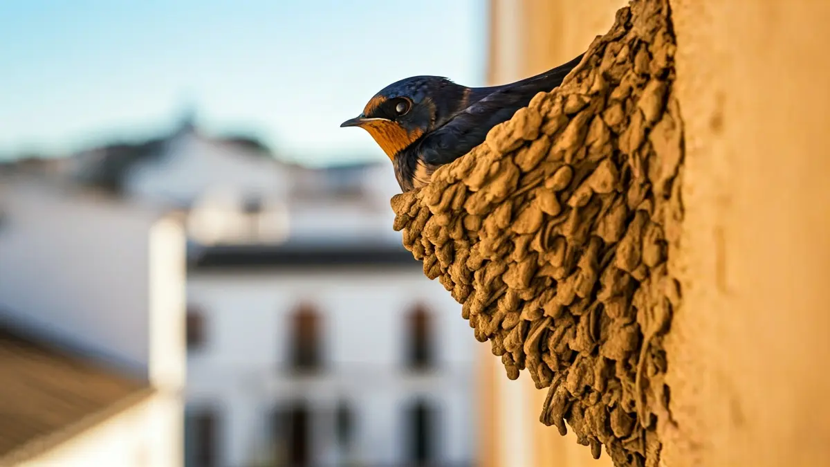 Nido de golondrina en una pared de un edificio en un pueblo andaluz.