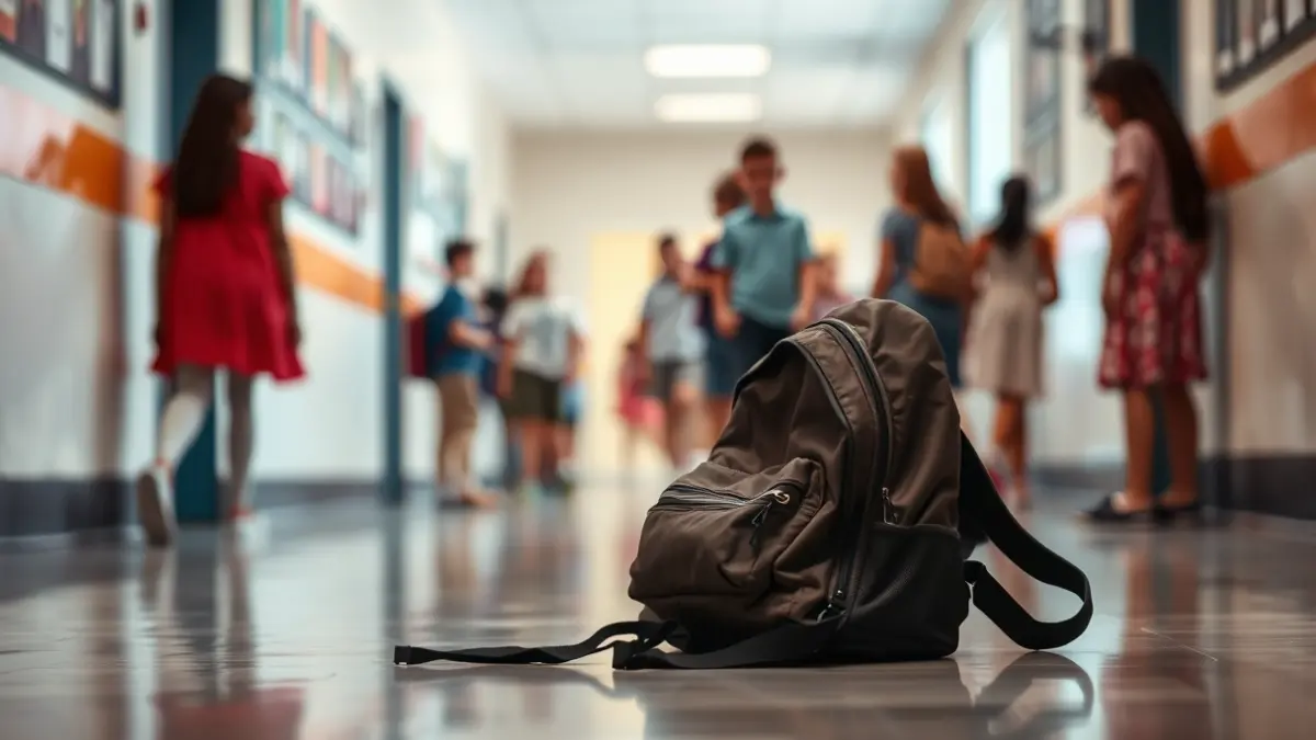 Imagen de una mochila en el suelo de un pasillo escolar, con figuras borrosas de niños al fondo.