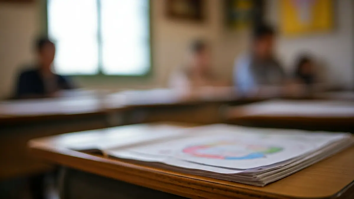 Generic image of a school desk with children's drawings and an open book.