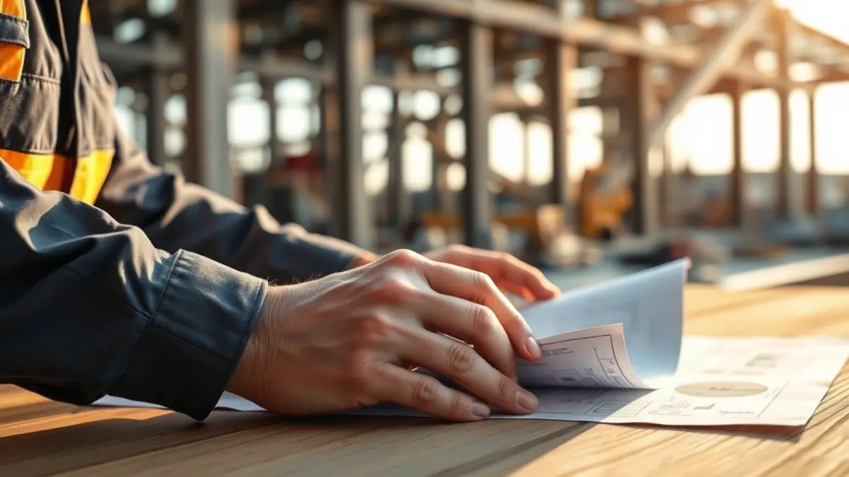 Generic image of hands reviewing construction blueprints in an industrial setting.