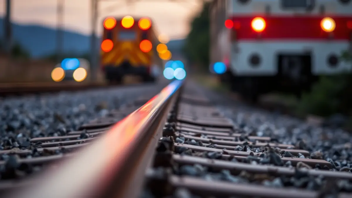 Image of train tracks with emergency lights in the background.