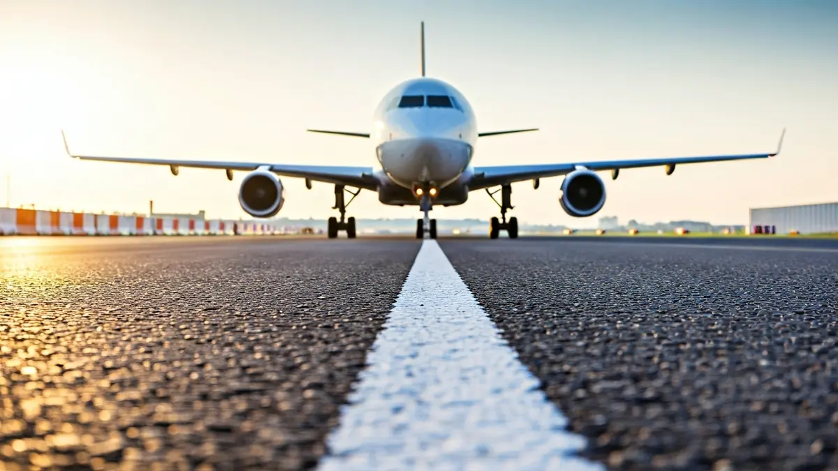 Image of an airport runway with markings and construction barriers.