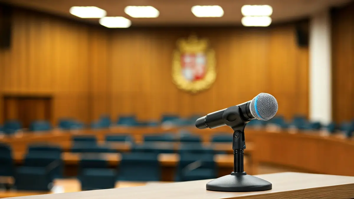 Imagen de un micrófono en un podio en un salón de plenos municipal vacío.