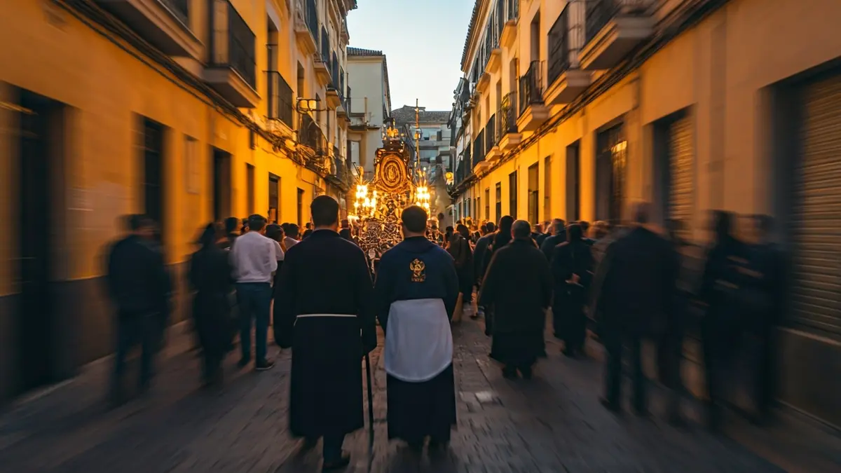 Imagen de una multitud durante una procesión religiosa en una calle estrecha de Sevilla.