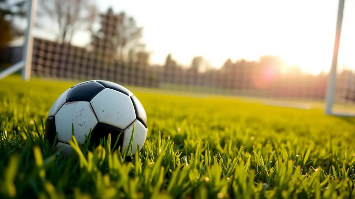 Generic image of a soccer ball on a grass field, with a blurred goal in the background.