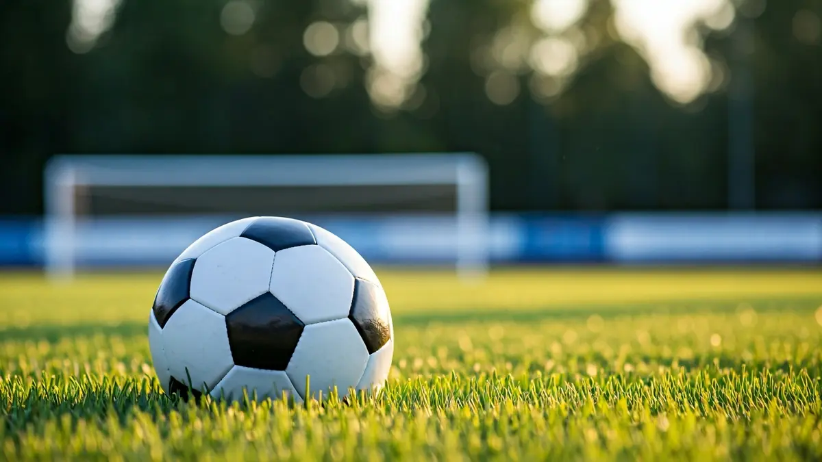 Imagen genérica de un balón de fútbol en el césped con la portería al fondo.