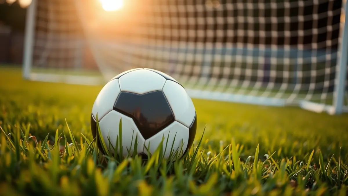 Generic image of a soccer ball on a field, with the goal in the background.