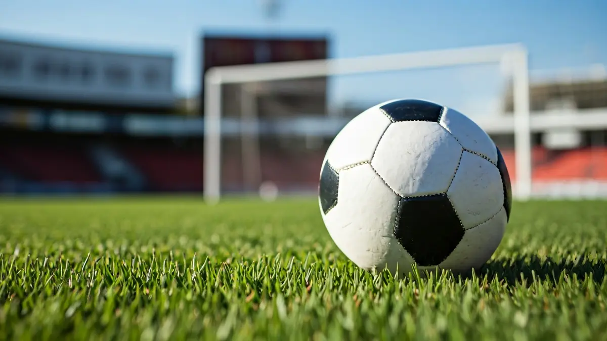 Generic image of a soccer ball on a green field, with a blurred goal in the background.