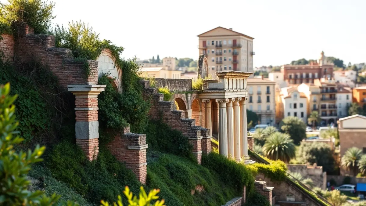 Roman amphitheater ruins in an urban setting in Cordoba.