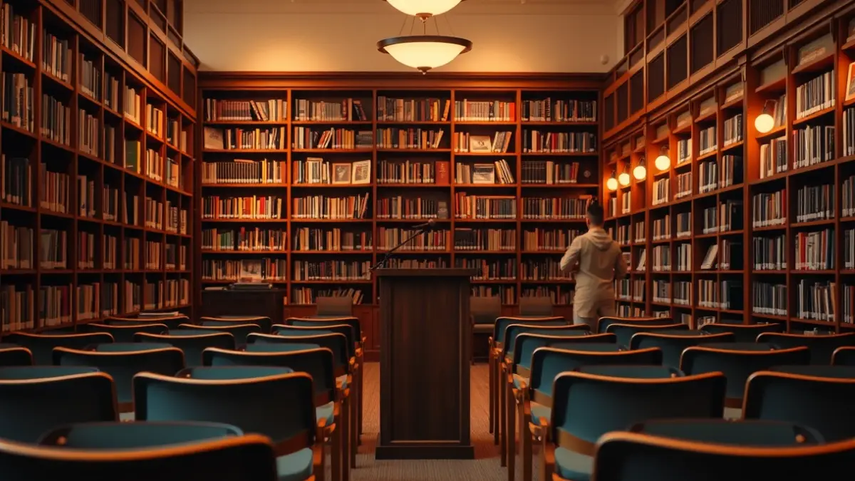 Imagen genérica de un interior de biblioteca con estanterías de madera y un podio con micrófono, evocando un ambiente cultural y de lectura.