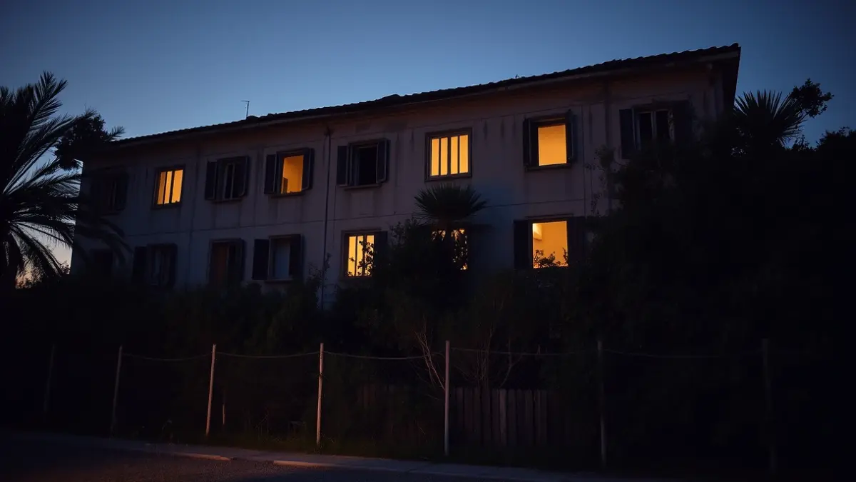 Fachada de un hotel abandonado en la costa de Cádiz al anochecer, con ventanas rotas y vegetación crecida.