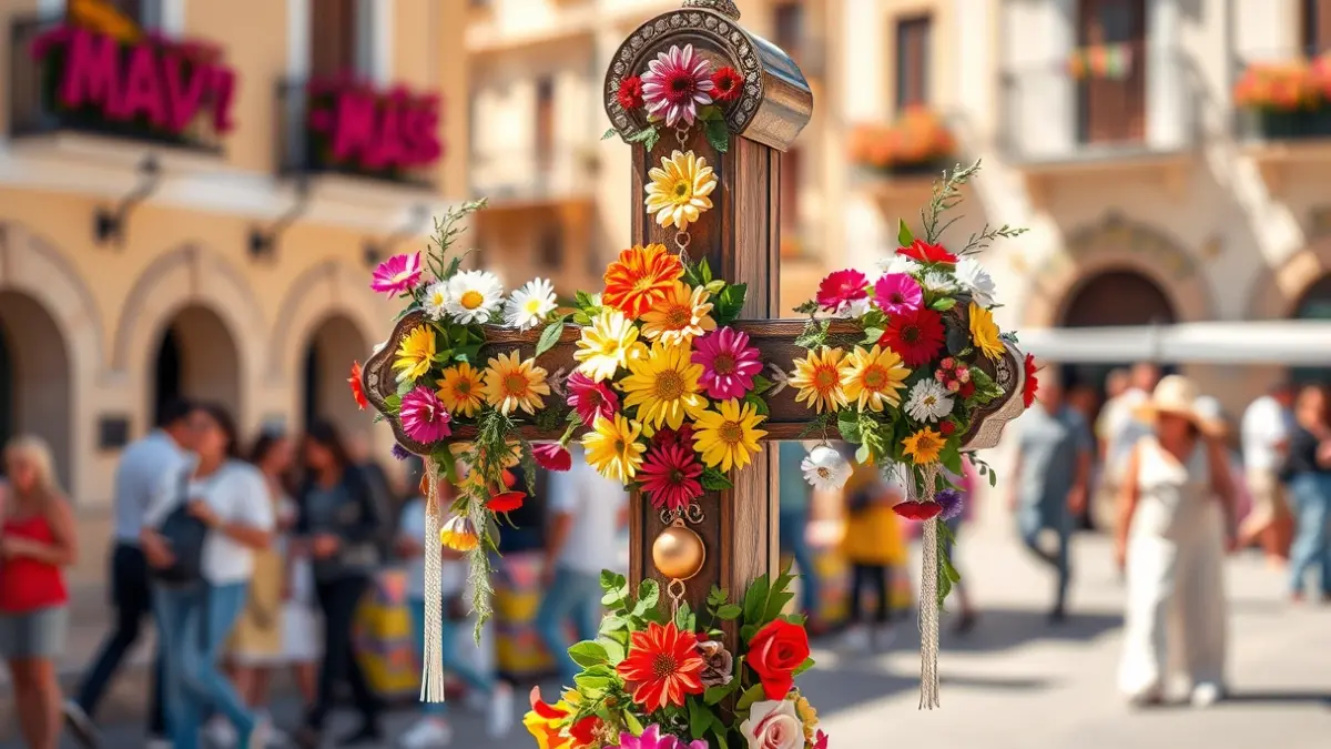 Cruz de Mayo decorada con flores en una plaza andaluza