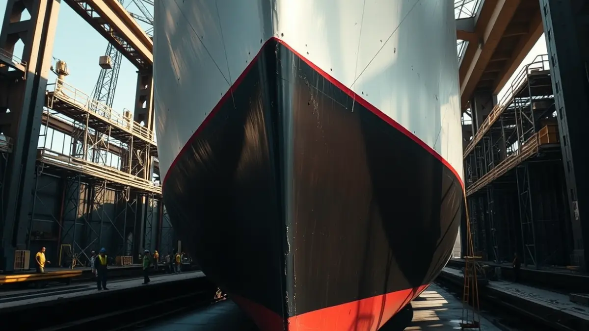 Image of a ship in dry dock at a shipyard, with scaffolding and workers.