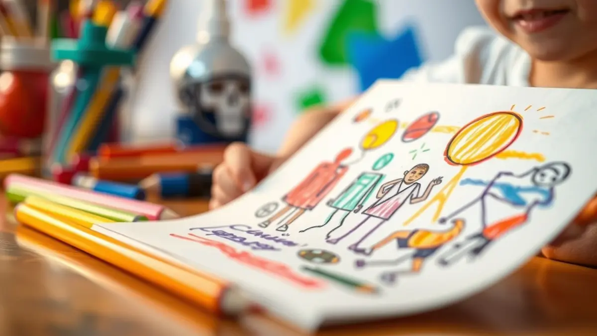 Generic image of a colorful children's drawing, with abstract shapes and sports figures, on white paper.