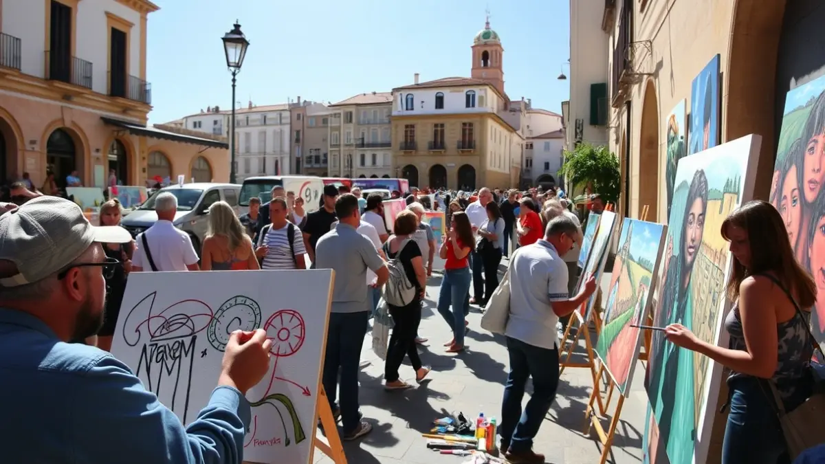 Artistas creando obras en las calles de una ciudad andaluza durante un evento cultural.