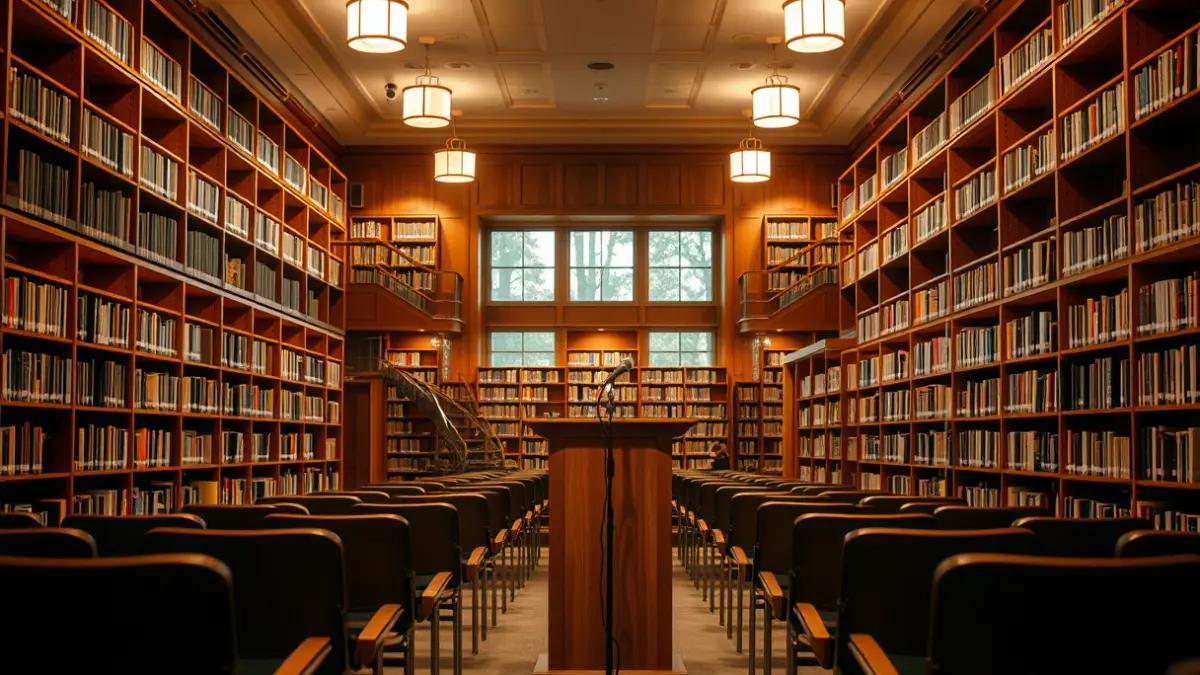 Imagen genérica de un micrófono en un podio en una sala de lectura, con estanterías de libros al fondo.