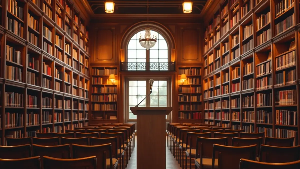 Generic image of an auditorium or library, with a microphone on a podium and empty chairs, evoking a literary gathering.