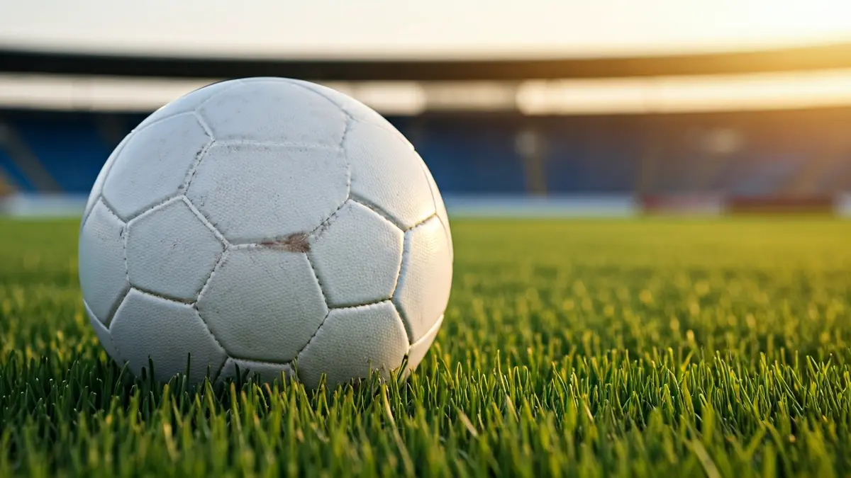 Generic image of a soccer ball on grass in a stadium.